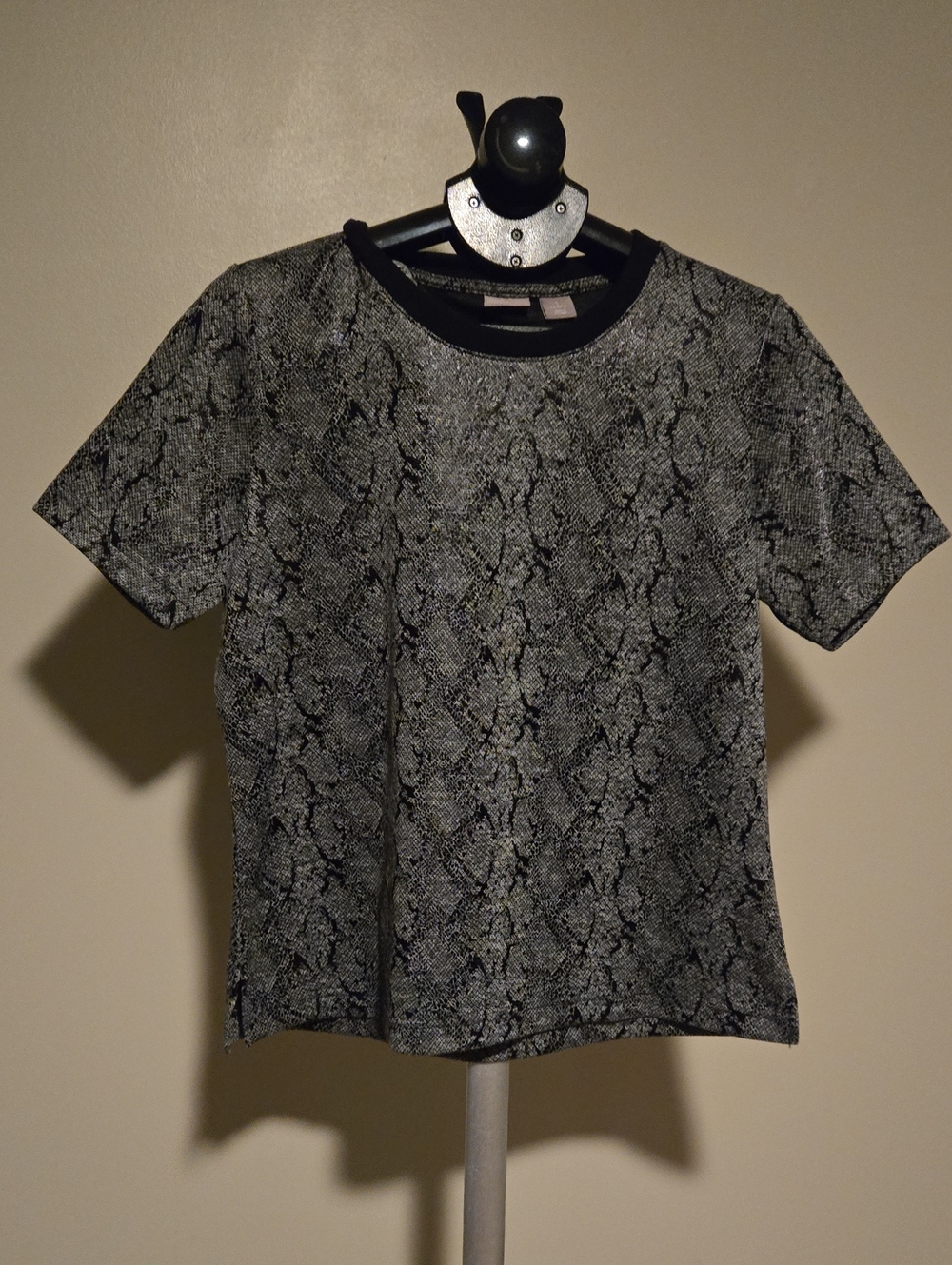 Chico's Grey and Black Snake-Print Short Sleeve Top